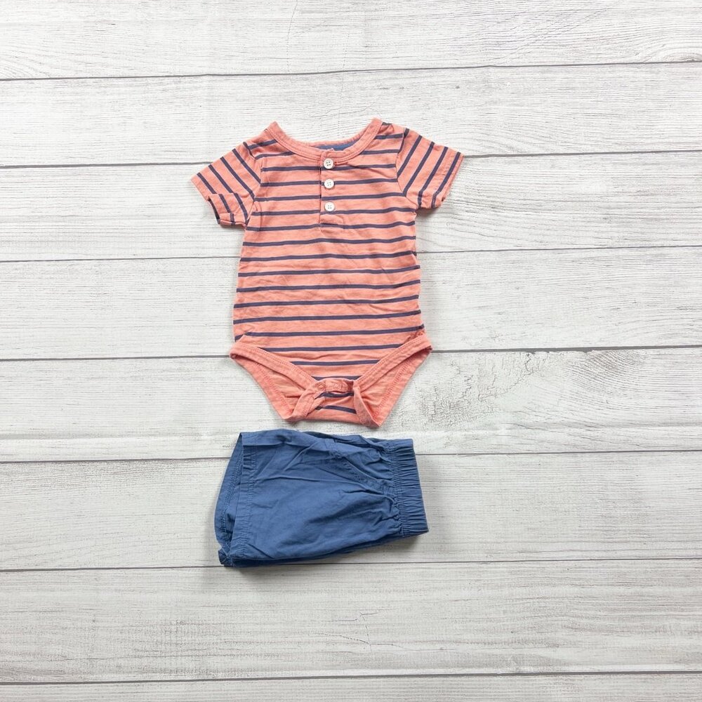 René Rofé Baby 2 Piece Outfit Stripe Bodysuit Blue Shorts Set 9-12 Months